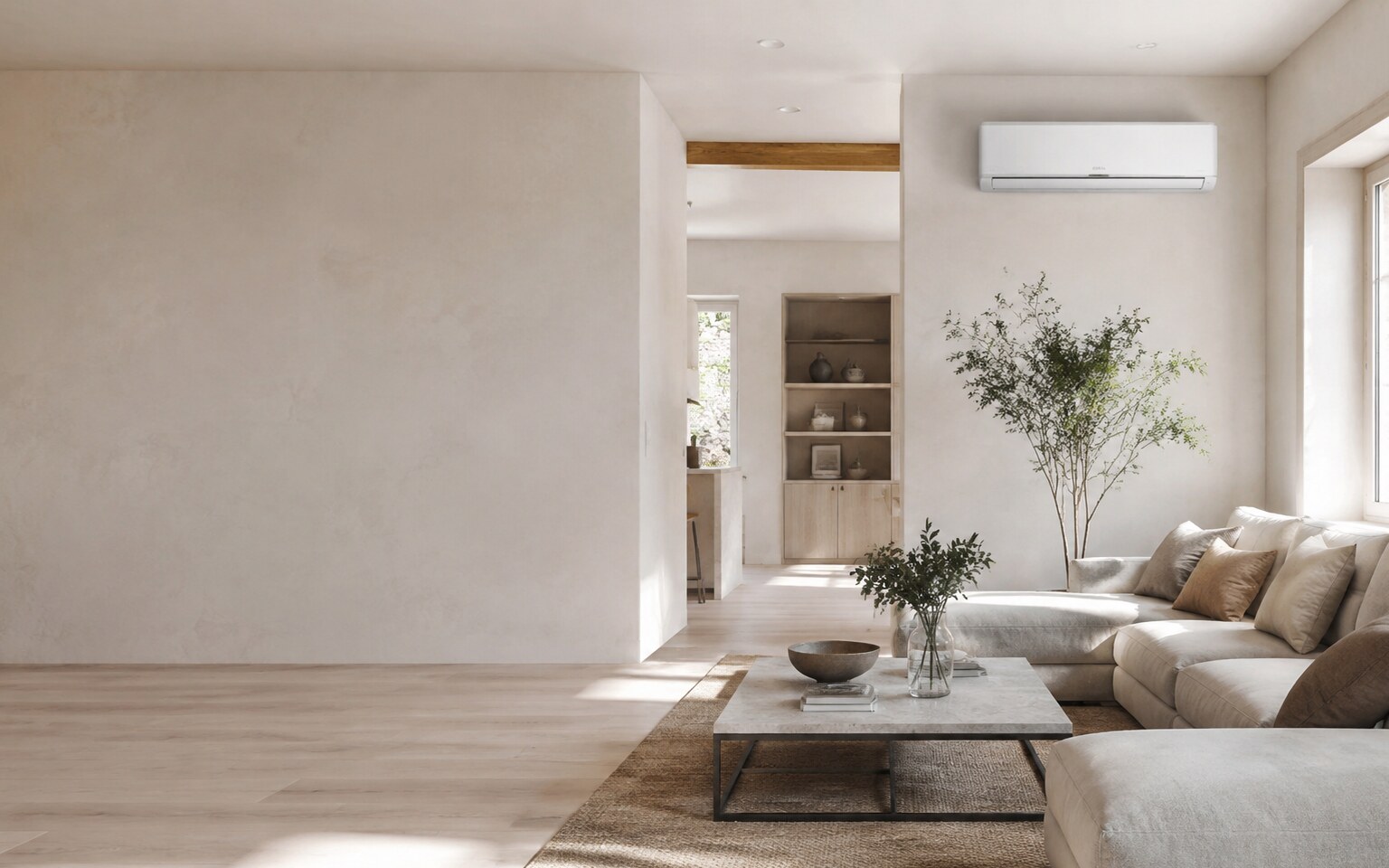 A calm, contemporary living room with a wall-mounted air-conditioning unit